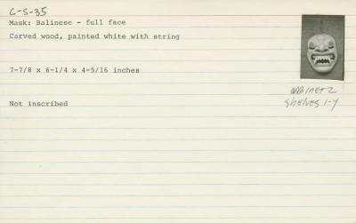 Catalog Card for Balinese; Leyak Mask; 20th century; Painted wood, string; 7 7/8 x 6 1/4 x 4 5/16 in.; Collection of Isamu Noguchi. (Study Collection; Collectibles, C-S-35)
