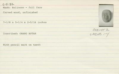 Catalog Card for Balinese; Topeng Bondres Mask; 20th century; Wood; 7 1/8 x 5 1/4 x 2 5/16 in.; Collection of Isamu Noguchi. (Study Collection; Collectibles, C-S-32)
