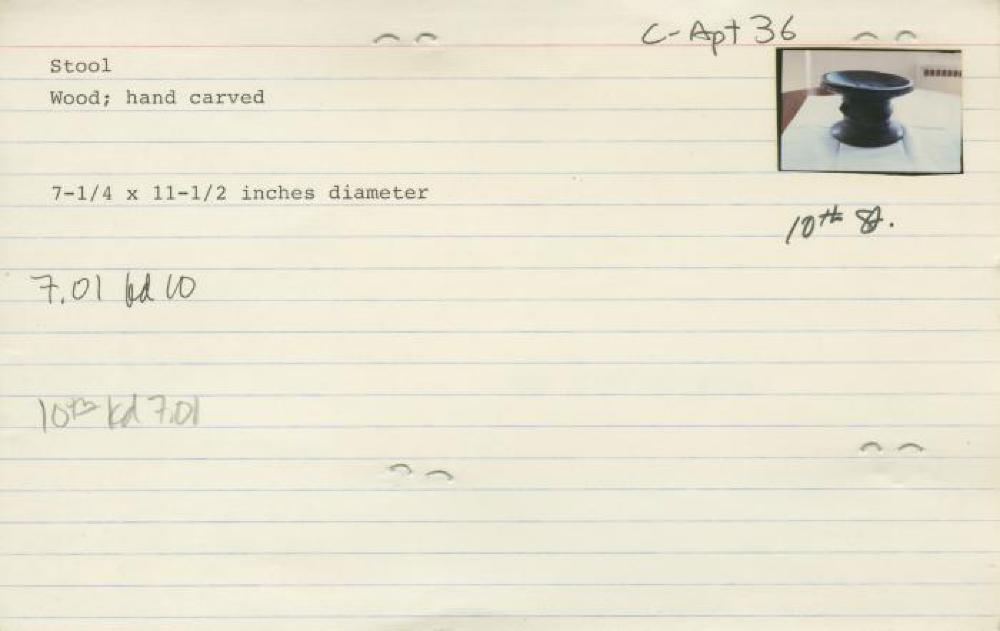 Catalog Card for Lega (Democratic Republic of the Congo); Stool; Wood ; 7 1/4 x 11 1/2 in. diameter; Collection of Isamu Noguchi. (Study Collection; Collectibles, C-Apt-36); Recto