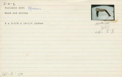 Catalog Card for Lobi (Burkina Faso/Côte d'Ivoire); Portable Stool; Wood, string; 8 x 5 3/8 x 14 1/4 in.; Collection of Isamu Noguchi. (Study Collection; Collectibles, C-S-2)
