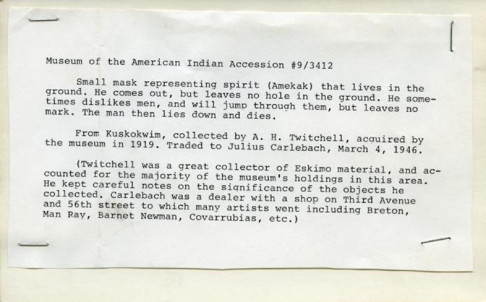 Catalog Card for Yup'ik (Bering Sea, Alaska); Amikuk Spirit Mask ; Late 19th — early 20th century ; Wood, feathers; 12 x 17 x 1 in. ; Collection of Isamu Noguchi. (Study Collection; Collectibles, C-S-23); Verso