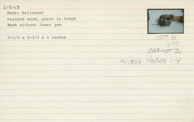 Catalog Card for Balinese; Topeng Bondres Mask; 20th century; Painted wood; 5 1/2 x 5 3/4 x 4 in. ; Collection of Isamu Noguchi. (Study Collection; Collectibles, C-S-13)
