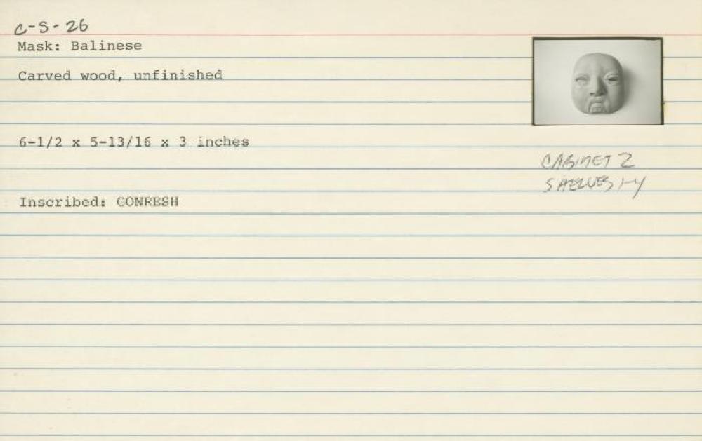 Catalog Card for Balinese; Topeng Bondres Mask; 20th century; Wood; 6 1/2 x 5 13/16 x 3 in.; Collection of Isamu Noguchi. (Study Collection; Collectibles, C-S-26)
