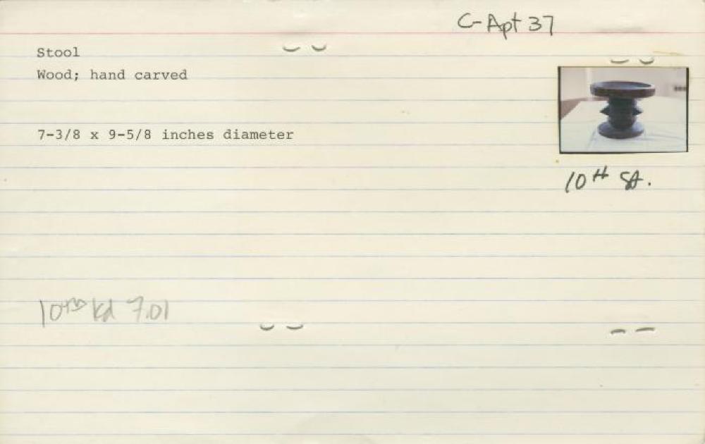Catalog Card for Lega (Democratic Republic of the Congo); Stool; Wood; 7 3/8 x 9 5/8 in. diameter; Collection of Isamu Noguchi. (Study Collection; Collectibles, C-Apt-37); Recto