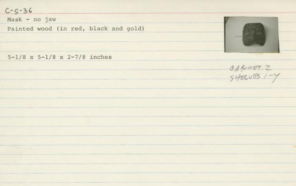Catalog Card for Balinese; Topeng Penasar Mask; 20th century; Painted wood; 5 1/8 x 5 1/8 x 2 7/8 in.; Collection of Isamu Noguchi. (Study Collection; Collectibles, C-S-36)
