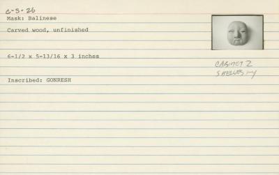 Catalog Card for Balinese; Topeng Bondres Mask; 20th century; Wood; 6 1/2 x 5 13/16 x 3 in.; Collection of Isamu Noguchi. (Study Collection; Collectibles, C-S-26)
