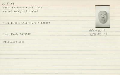 Catalog Card for Balinese; Topeng Bondres Mask; 20th century; Wood; 6 13/16 x 5 1/16 x 2 1/4 in.; Collection of Isamu Noguchi. (Study Collection; Collectibles, C-S-33)
