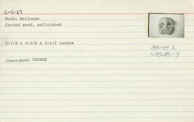 Catalog Card for Balinese; Topeng Bondres Mask; 20th century; Wood; 5 7/8 x 5 3/8 x 2 1/2 in.; Collection of Isamu Noguchi. (Study Collection; Collectibles, C-S-27)
