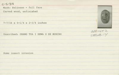 Catalog Card for I Dewa G De Muning (Balinese); Topeng Bondres Mask; 20th century; Wood; 7 7/16 x 5 1/4 x 2 3/4 in.; Collection of Isamu Noguchi. (Study Collection; Collectibles, C-S-34)
