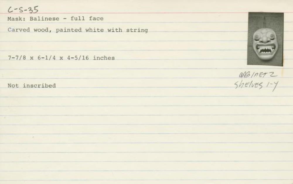 Catalog Card for Balinese; Leyak Mask; 20th century; Painted wood, string; 7 7/8 x 6 1/4 x 4 5/16 in.; Collection of Isamu Noguchi. (Study Collection; Collectibles, C-S-35)

