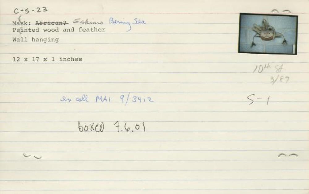 Catalog Card for Yup'ik (Bering Sea, Alaska); Amikuk Spirit Mask ; Late 19th — early 20th century ; Wood, feathers; 12 x 17 x 1 in. ; Collection of Isamu Noguchi. (Study Collection; Collectibles, C-S-23); Recto
