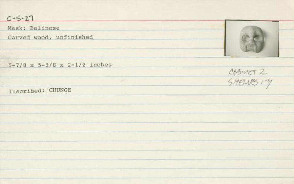 Catalog Card for Balinese; Topeng Bondres Mask; 20th century; Wood; 5 7/8 x 5 3/8 x 2 1/2 in.; Collection of Isamu Noguchi. (Study Collection; Collectibles, C-S-27)

