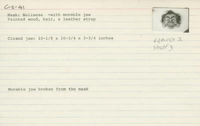 Catalog Card for Balinese; Leyak Mask; 20th century; Painted wood, hair, leather; 10 1/8 x 10 3/4 x 3 3/4 in.; Collection of Isamu Noguchi. (Study Collection; Collectibles, C-S-41)
