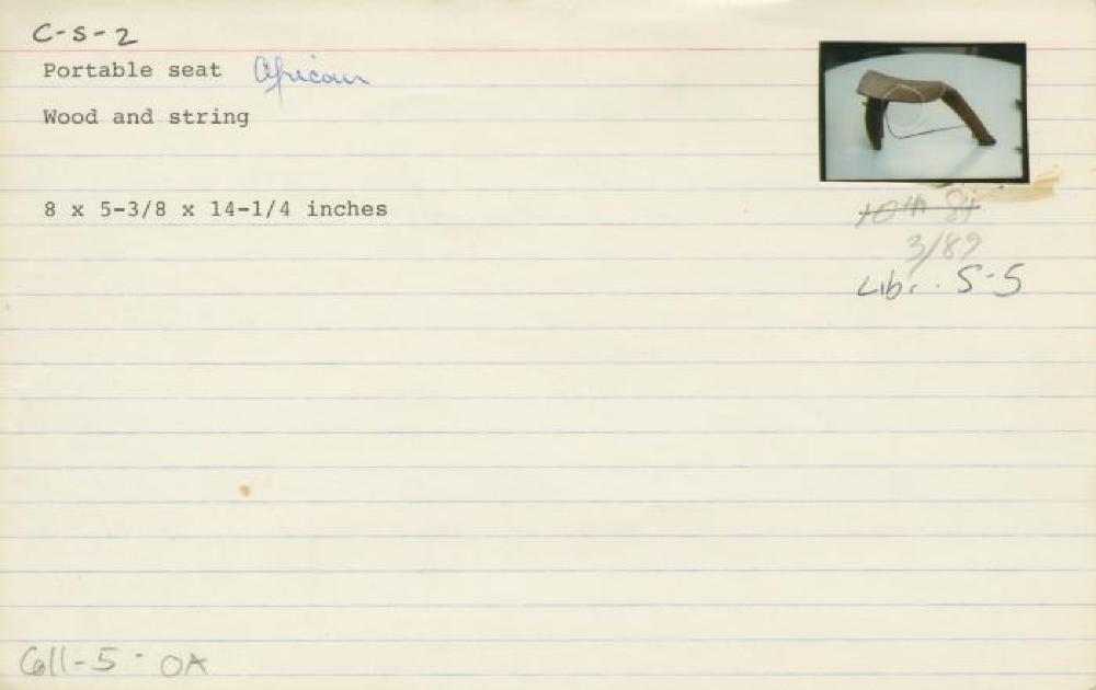 Catalog Card for Lobi (Burkina Faso/Côte d'Ivoire); Portable Stool; Wood, string; 8 x 5 3/8 x 14 1/4 in.; Collection of Isamu Noguchi. (Study Collection; Collectibles, C-S-2)
