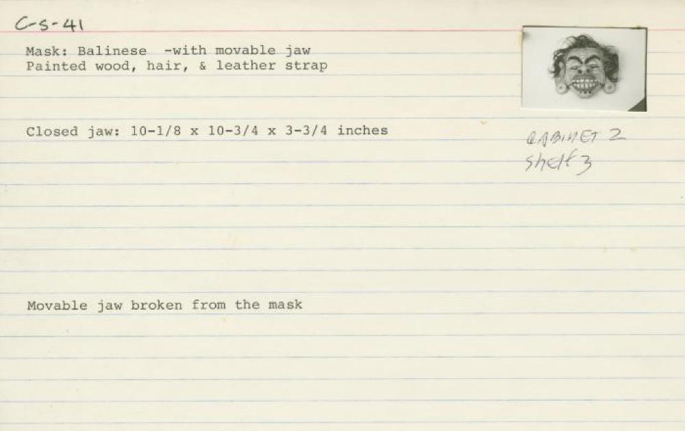 Catalog Card for Balinese; Leyak Mask; 20th century; Painted wood, hair, leather; 10 1/8 x 10 3/4 x 3 3/4 in.; Collection of Isamu Noguchi. (Study Collection; Collectibles, C-S-41)
