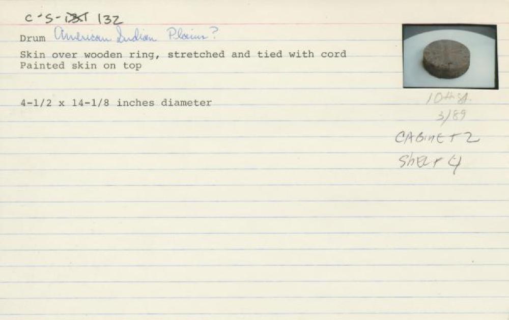 Catalog Card for Native American; Drum; Hide, wood; 4 1/2 x 14 1/8 in. diameter; Collection of Isamu Noguchi. (Study Collection; Collectibles, C-S-132)
