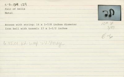 Catalog Card for Hanging Bell; Bronze; 14 x 1 7/8 in.; Collection of Isamu Noguchi. (Study Collection; Collectibles, C-S-129a) and Hanging Bell; Iron; 17 x 1 1/2 in.; Collection of Isamu Noguchi. (Study Collection; Collectibles, C-S-129b)

