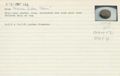 Catalog Card for Native American; Drum; Hide, wood; 4 1/2 x 14 1/8 in. diameter; Collection of Isamu Noguchi. (Study Collection; Collectibles, C-S-132)
