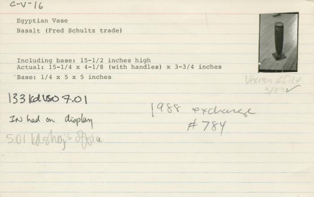 Catalog Card for Egyptian; Vase; Predynastic, Naqada I-II, c. 3500 BCE; Basalt; 15 1/4 x 4 1/8 x 3 3/4 in.; Collection of Isamu Noguchi. (Study Collection; Collectibles, C-V-16)
