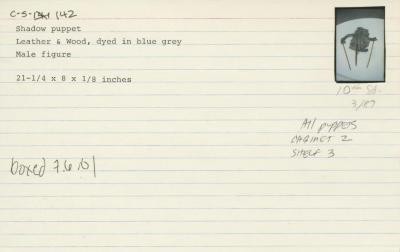 Catalog Card for Balinese; Wayang Kulit Shadow Puppet (Twalen); 20th century; Leather, wood; 21 1/4 x 8 x 1/8 in.; Collection of Isamu Noguchi. (Study Collection; Collectibles, C-S-142)

