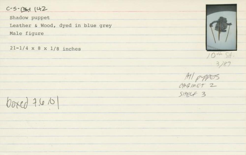 Catalog Card for Balinese; Wayang Kulit Shadow Puppet (Twalen); 20th century; Leather, wood; 21 1/4 x 8 x 1/8 in.; Collection of Isamu Noguchi. (Study Collection; Collectibles, C-S-142)
