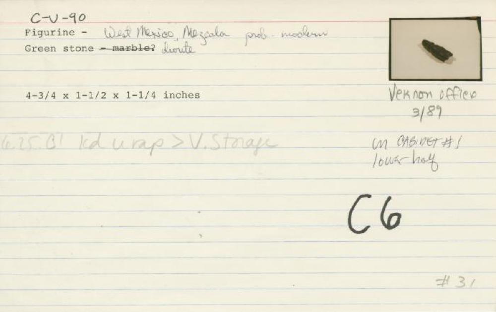 Catalog Card for Mezcala (Mexico); Figure; Pre-Columbian, 300—100 BCE; Stone; 4 3/4 x 1 1/2 x 1 1/4 in.; Collection of Isamu Noguchi. (Study Collection; Collectibles, C-V-90)