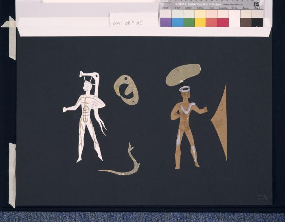 Costume and set study for "Orpheus" (2 male figures, 4 elements)