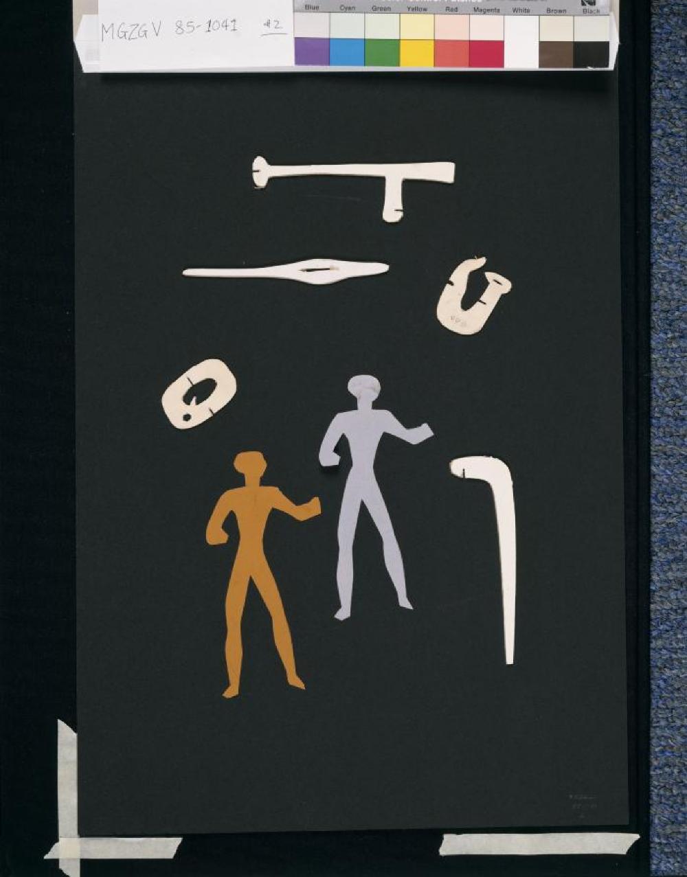 Costume and set study for "Orpheus" (2 figures, 5 elements)