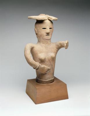 Japanese; Haniwa Figure; Tumulus Period, 5th-6th century; Earthenware, wood base; 3 1/4 x 7 3/4 x 7 1/4 in.; Collection of Isamu Noguchi. (Study Collection; Collectibles, C-V-10)