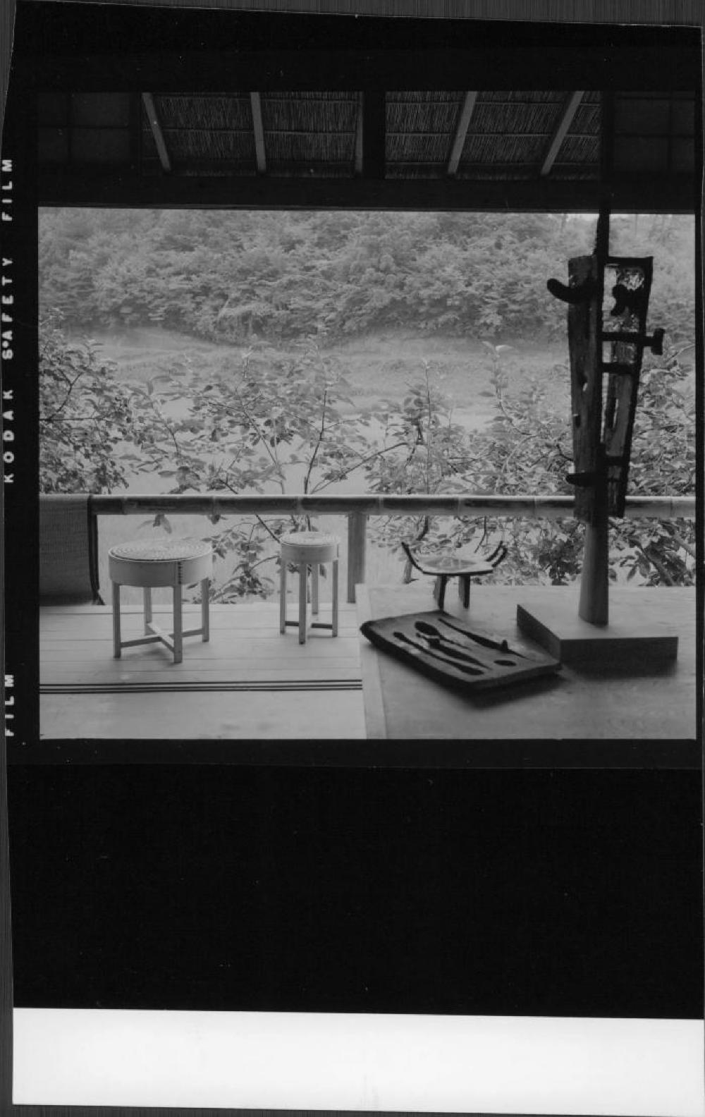View of Isamu Noguchi's Kita Kamakura studio overlooking ceramic sculptures and a patio