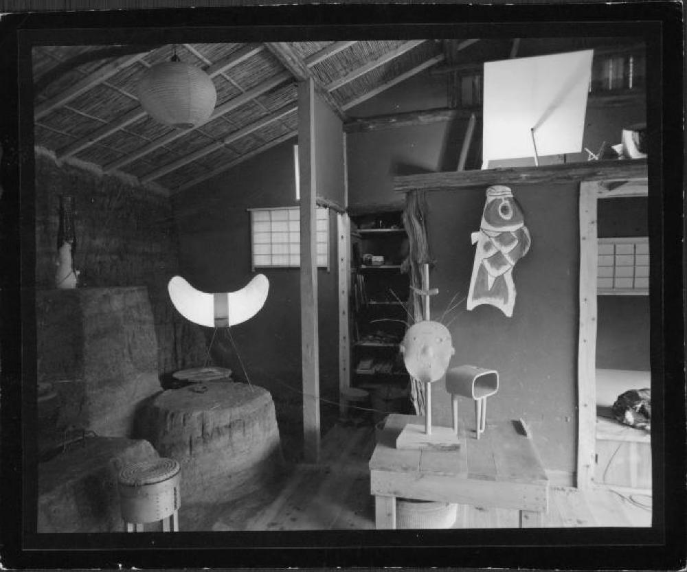 Interior of Isamu Noguchi's Kamakura studio with Akari and sculptures My Mu, and other works