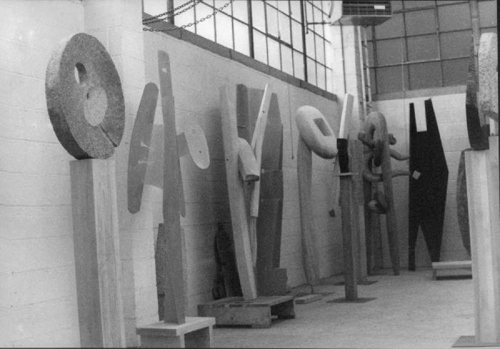 Sculptures at Isamu Noguchi's 10th Street Studio, including Variation on a Millstone #1, Soliloquy, Cronos, and others