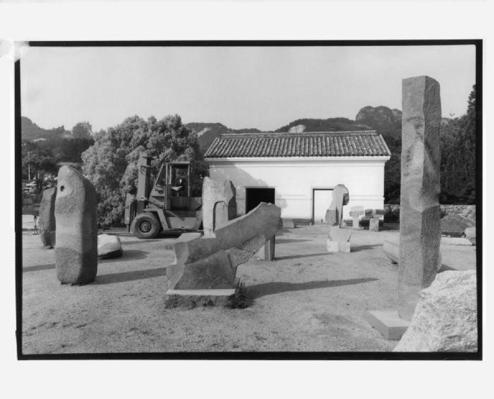 Sculptures in the work yard at Isamu Noguchi's studio in Mure, Japan (including CR# 1113, 1065, 1004)