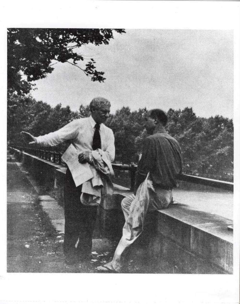Isamu Noguchi with Louis Kahn in Riverside Park, discussing plans for their playground design