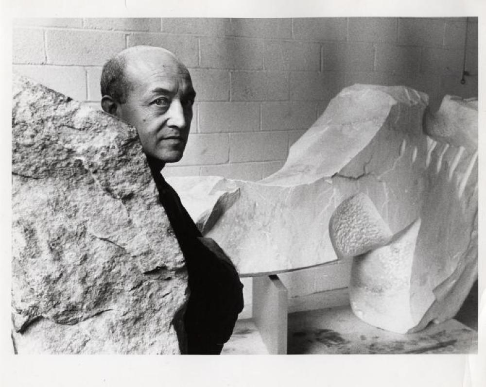 Isamu Noguchi with The Roar and other works in his Long Island City studio