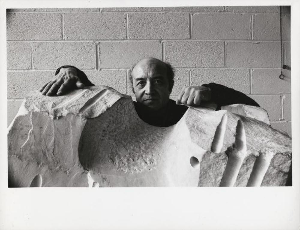 Isamu Noguchi with The Roar in his Long Island City studio