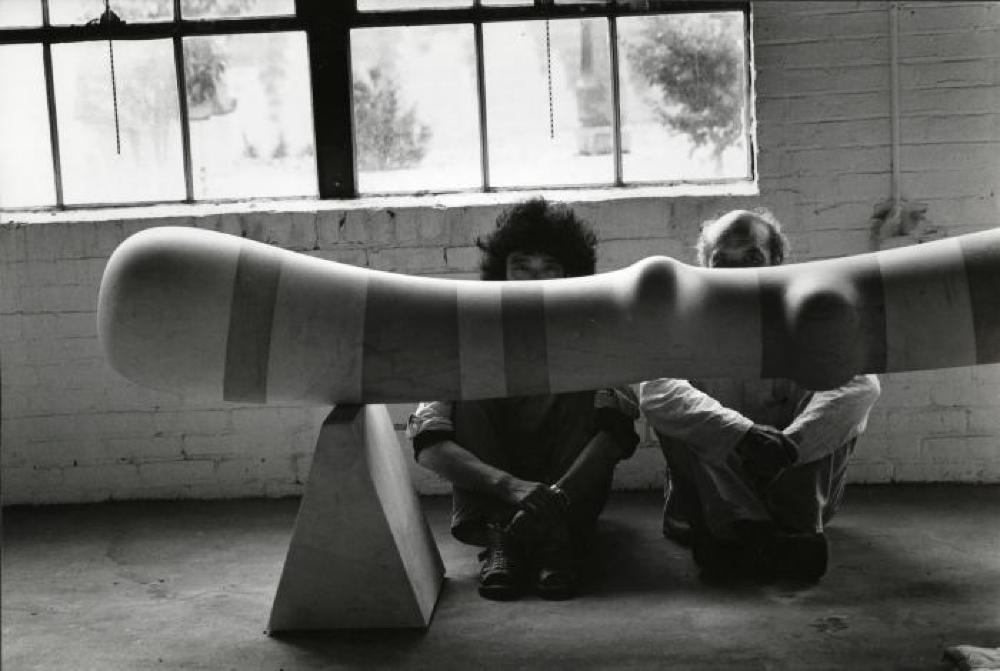 Isamu Noguchi with Ikeda Masuo and "Ding Dong Bat" at the Vernon Blvd. warehouse in Long Island City