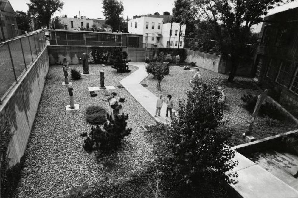 Isamu Noguchi with Ikeda Masuo in the garden at the Vernon Blvd. warehouse in Long Island City