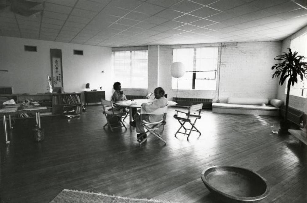 Isamu Noguchi with Ikeda Masuo at the Vernon Blvd. warehouse in Long Island City