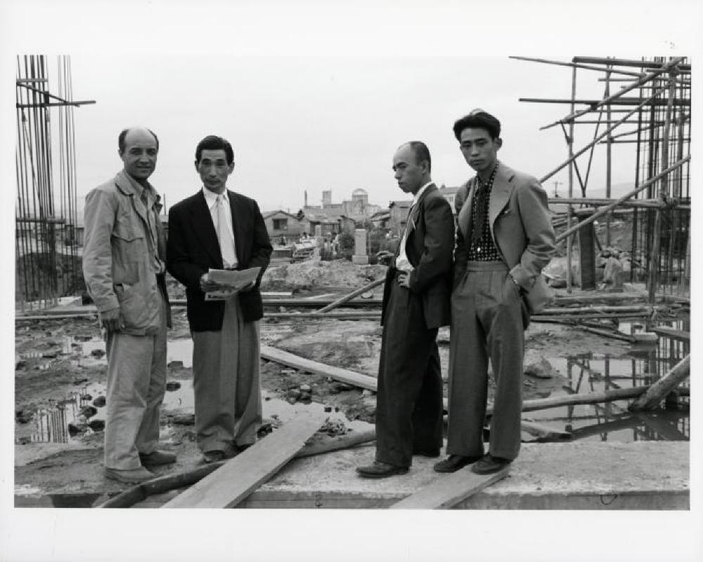 Isamu Noguchi, Kenzo Tange, unknown friend, Michio Noguchi [left to right], Hiroshima
