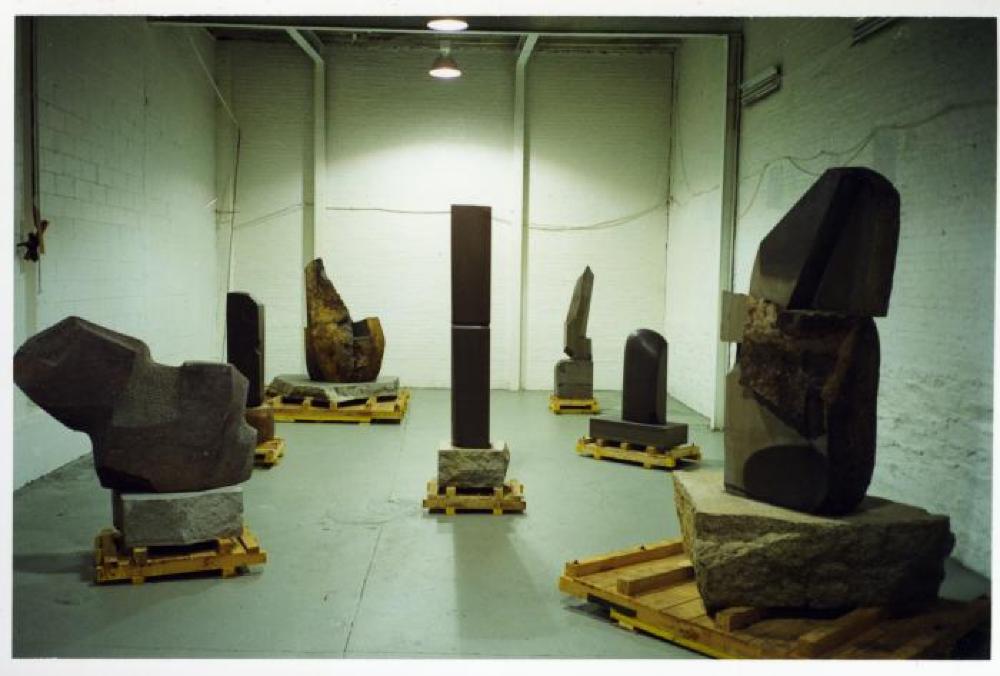 Installation process for "Relocated," The Noguchi Museum, April 10, 2001 - October 31, 2001.