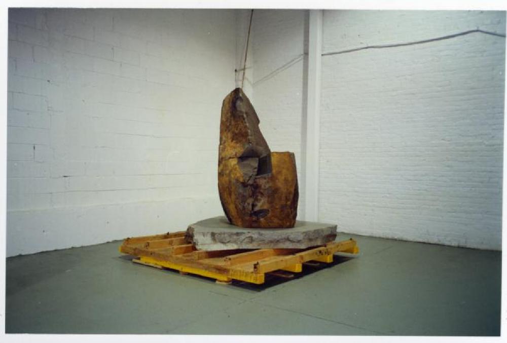 Installation process for "Relocated," The Noguchi Museum, April 10, 2001 - October 31, 2001.