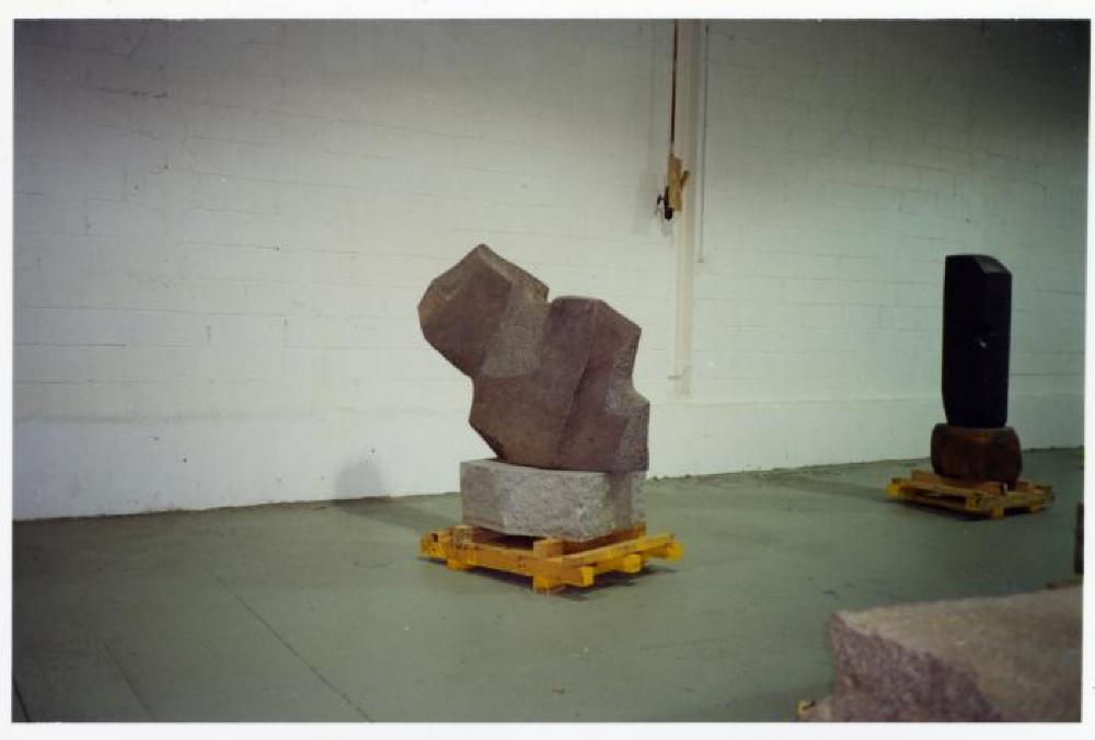 Installation process for "Relocated," The Noguchi Museum, April 10, 2001 - October 31, 2001.