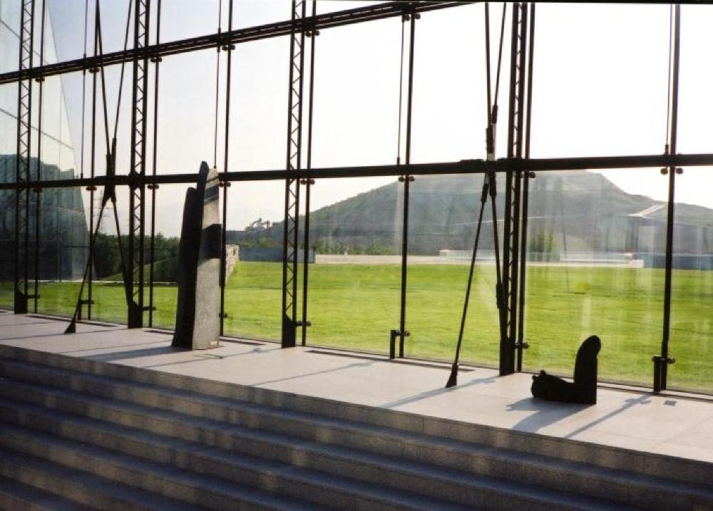 Installation view of "Isamu Noguchi Exhibition in the Glass Pyramid," Moerenuma Park, Glass Pyramid Atrium, July 22, 2003 - August 31, 2003.