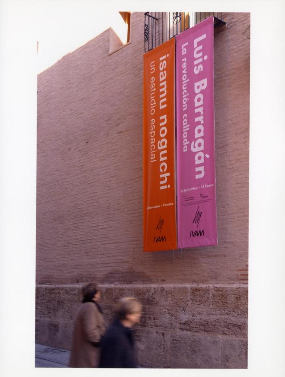 Installation view of banner for "Isamu Noguchi: A Study in Space," Italdesign, Giugiaro Museum, May 8, 2001 - January 2002.