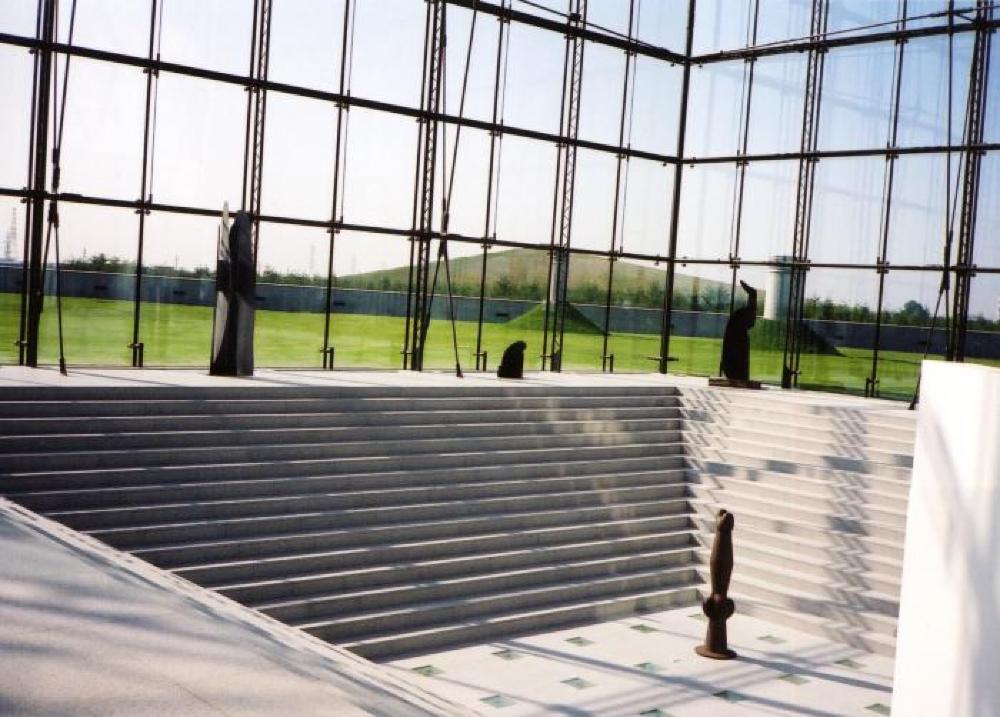 Installation view of "Isamu Noguchi Exhibition in the Glass Pyramid," Moerenuma Park, Glass Pyramid Atrium, July 22, 2003 - August 31, 2003.