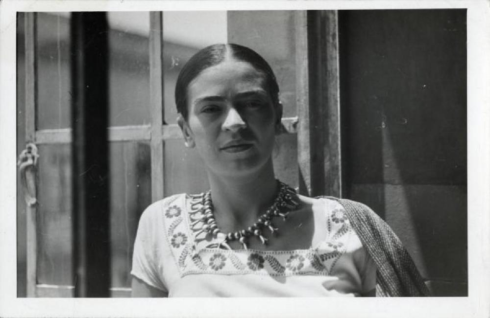 Portrait of Frida Kahlo at Noguchi's mural, History Mexico, in Mexico City