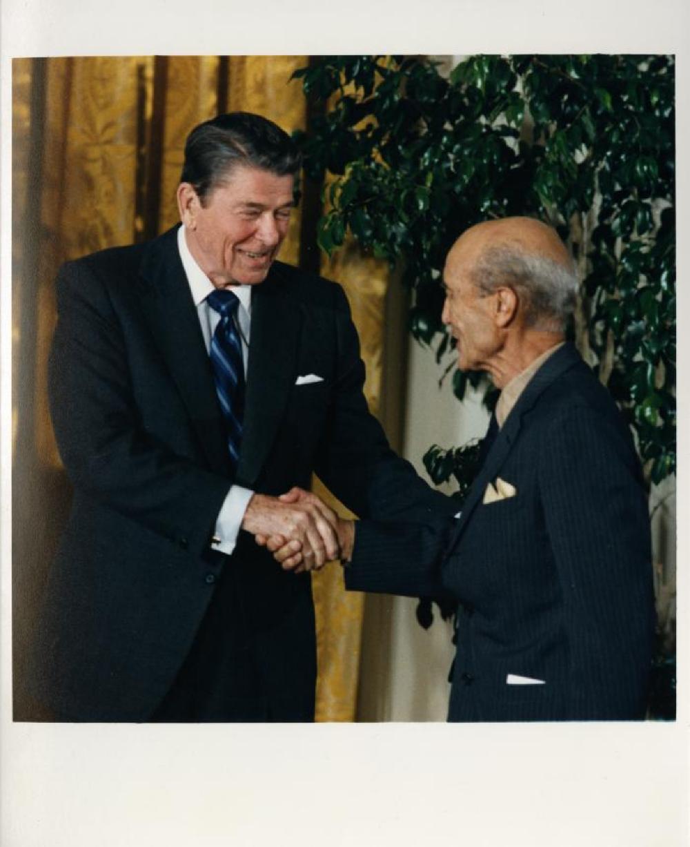 Isamu Noguchi receiving National Medal of Arts from Ronald Reagan