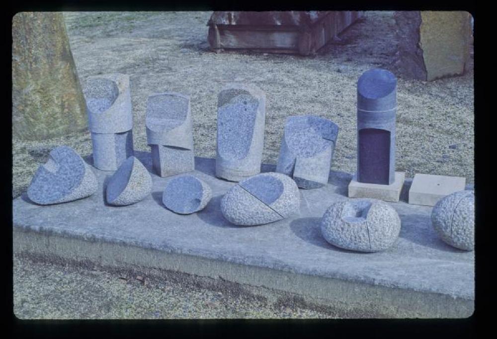 Sculptures from reworked core pieces and practice stones, on display at Noguchi’s studio in Mure, Japan,