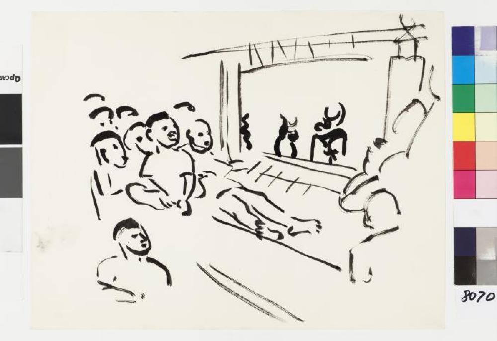 Bollingen drawing of Wayang Kulit in Indonesia, c. 1950–53